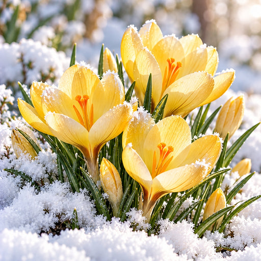 Yellow crocus flowers with orange centers blooming through fresh snow, surrounded by green leaves and unopened buds in warm sunlight on metal wreath sign TTE-828.