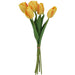 The 19 Inch Yellow Tulip Bundle with 6 Stems 85640-YEL features vibrant yellow tulips with green leaves, bound by a rubber band and displayed against a plain light background.
