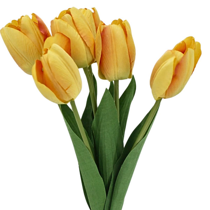The 19 Inch Yellow Tulip Bundle with 6 Stems 85640-YEL features vibrant yellow tulips with green leaves, bound by a rubber band and displayed against a plain light background.