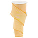 A roll of yellow and white striped grosgrain ribbon, wound diagonally on a white spool against a solid white background.