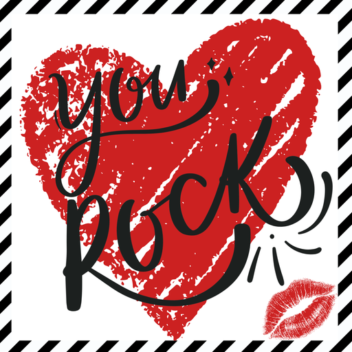 Red heart with 'you rock' text and a kiss mark on a black and white striped background, 10" metal sign for wreaths or for framing.