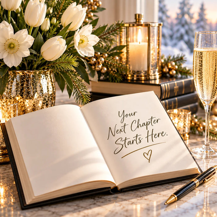 Flat metal sign TTE-893 featuring an open book with Your Next Chapter Starts Here lettering, champagne glass, white flowers, gold candle lantern, glowing votives, and winter greenery.
