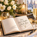 Flat metal sign TTE-893 featuring an open book with Your Next Chapter Starts Here lettering, champagne glass, white flowers, gold candle lantern, glowing votives, and winter greenery.