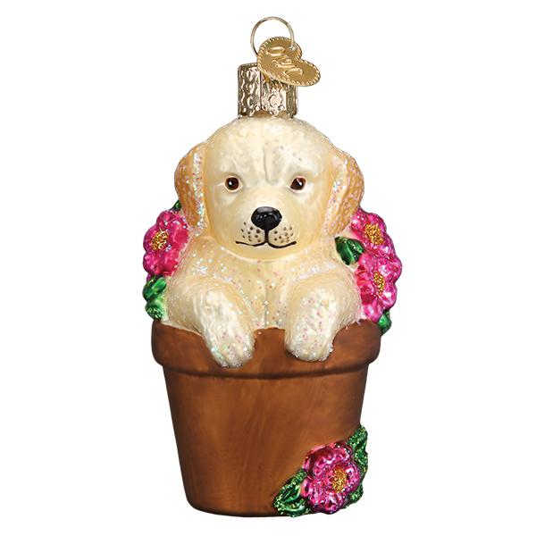 Puppy in Flower Pot Old World Christmas Ornament 12559