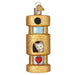 The Cat Tower Ornament from Old World Christmas, model 12633, is a gold textured ornament in the shape of a cylindrical cat tower. It features a small white cat peeking out from a cubbyhole, accented with black and red heart decorations. A metallic loop at the top makes it easy to hang and invites your feline friend to climb and scratch with delight.