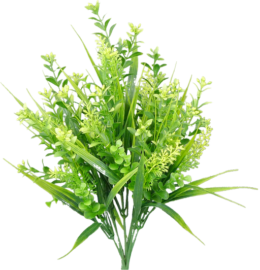 The 15 Yellow Plastic Mixed Boxwood Bush (13436YW) includes 9 stems of lush, varying green leaves and delicate flowers with long pointed leaves and tiny light blossoms.