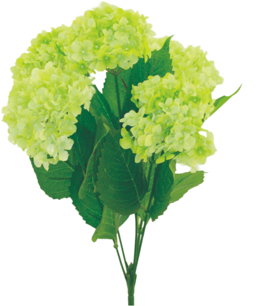 The 19 Inch Light Green Hydrangea Bush 30334GN features multiple blooms and green leaves on long stems, ideal for wreath making, displayed against a plain background.