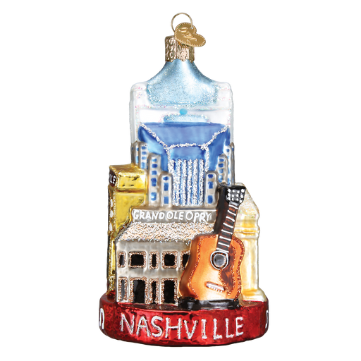 The Nashville Ornament Old World Christmas Ornament 20097 stylishly showcases iconic Nashville landmarks, including the Grand Ole Opry, a guitar, and the skyline. Nashville is inscribed on the base. With a gold loop for hanging, its perfect for celebrating Music City vibrantly.