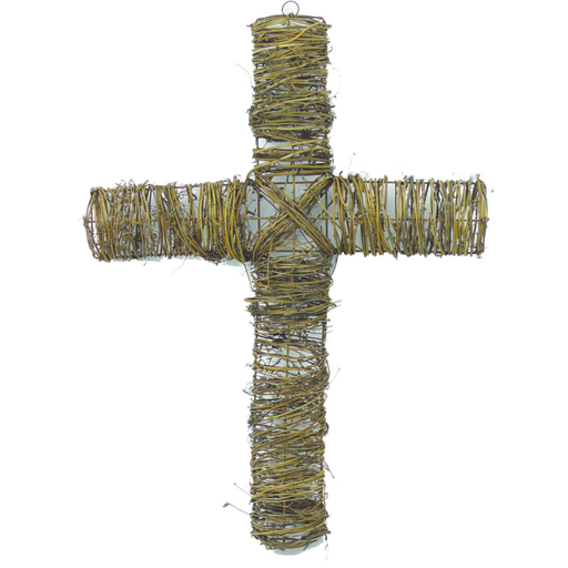 The 24 Inch Natural Twig Cross 29280NAT is crafted from real branches, tightly wrapped with wire for a rustic look. Ideal as farmhouse wreath accent or rustic wall décor, shown against a plain white background.