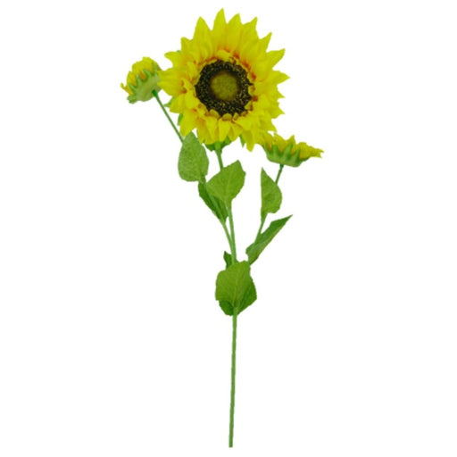 The 26 Yellow Sunflower Spray with 3 stems (29432YW) features three beautiful yellow blooms and green leaves, all perfectly displayed against a white background.