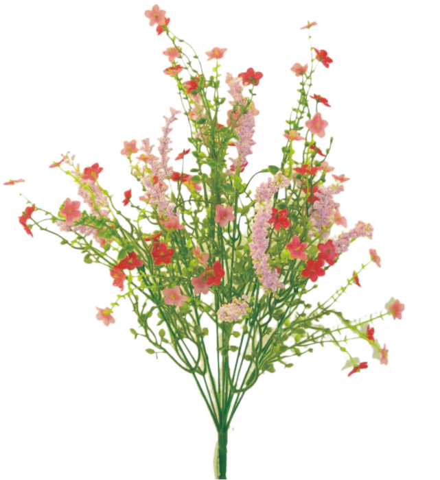The 18 Inch Pink Baby’s Breath Filler Bush (12 Stems, 30356PK) features small pink blossoms and green stems, arranged in a natural style—ideal for wreath making—shown against a white background.