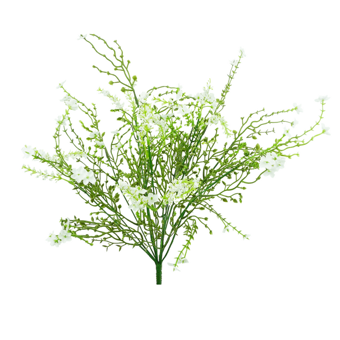 The 18 Inch White and Green Baby’s Breath Filler Bush (12 Stems, 30356WT) features small white blossoms in a spray—ideal for wreath making or use as a baby’s breath filler, shown arranged against a white background.
