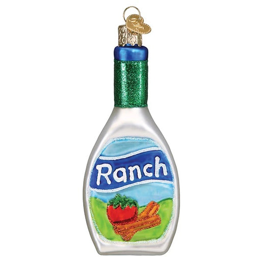 The Ranch Dressing Old World Christmas Ornament 32443 is a festive ranch dressing bottle with a blue label stating Ranch Dressing and features images of tomatoes and vegetables, capturing the essence of everyones favorite salad dressing.