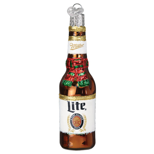 The Holiday Miller Lite Bottle Old World Christmas Ornament 32563 is a hand-painted glass decoration shaped like a beer bottle. It features a festive red and green scarf, a Lite label with gold accents, and a silver cap with a loop for easy hanging.