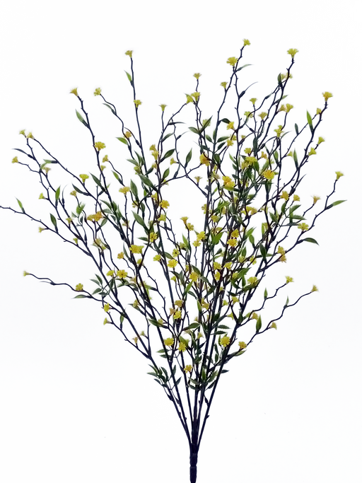 The 22 Yellow Twig Flower Spray (35070YW) features delicate small yellow flowers and green leaves on sparse, thin dark branches against a plain white background.