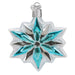 Introducing the Snowflake Ornament 36313 from Old World Christmas: a star-shaped glass Christmas decoration featuring silver and teal accents, intricate snowflake-like patterns, and glittery embellishments. It is expertly crafted in the Old World Christmas tradition and comes with a small silver cap for easy hanging.