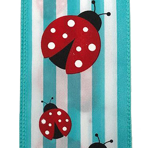 Illustration of three ladybugs with red shells and white spots on an aqua and white cabana stripe background, as featured in the 2.5 Aqua White Cabana Stripes with Ladybug Ribbon 41117-40-24.
