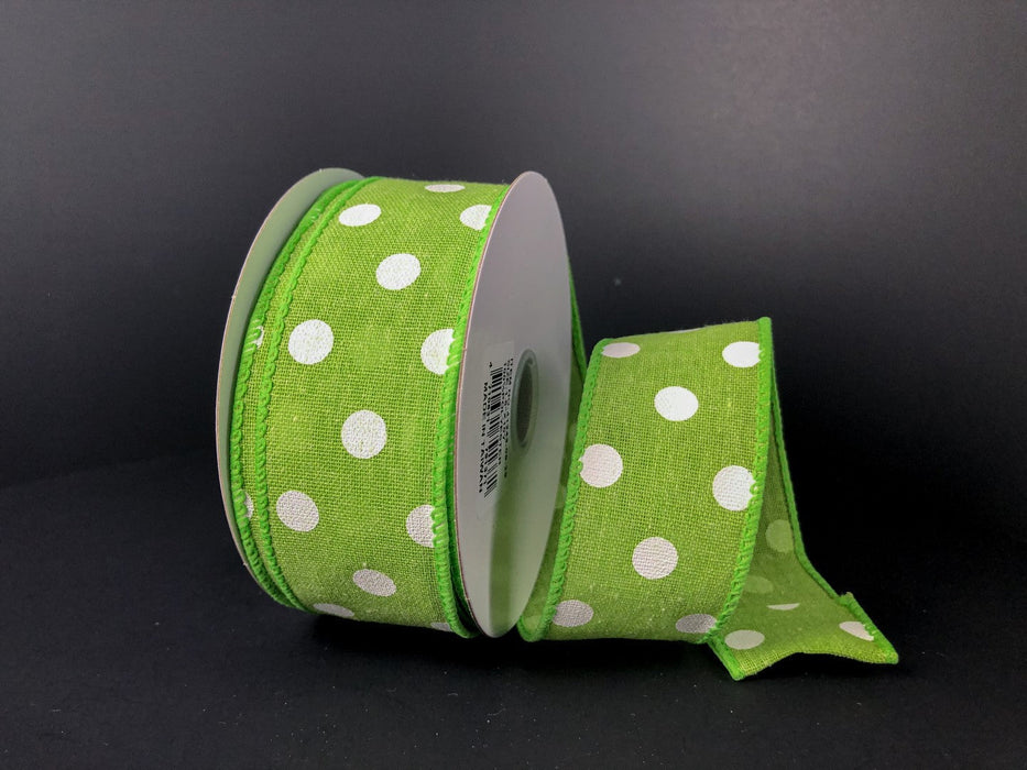 1.5"X10Y  Lime Stiff Linen/White Dots  41243-09-29