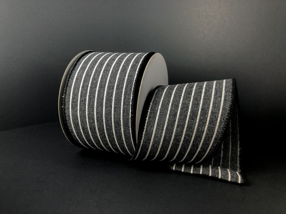 2.5"X10Y  Black Stiff Linen/Thin Cabana Stripes  41244-40-01