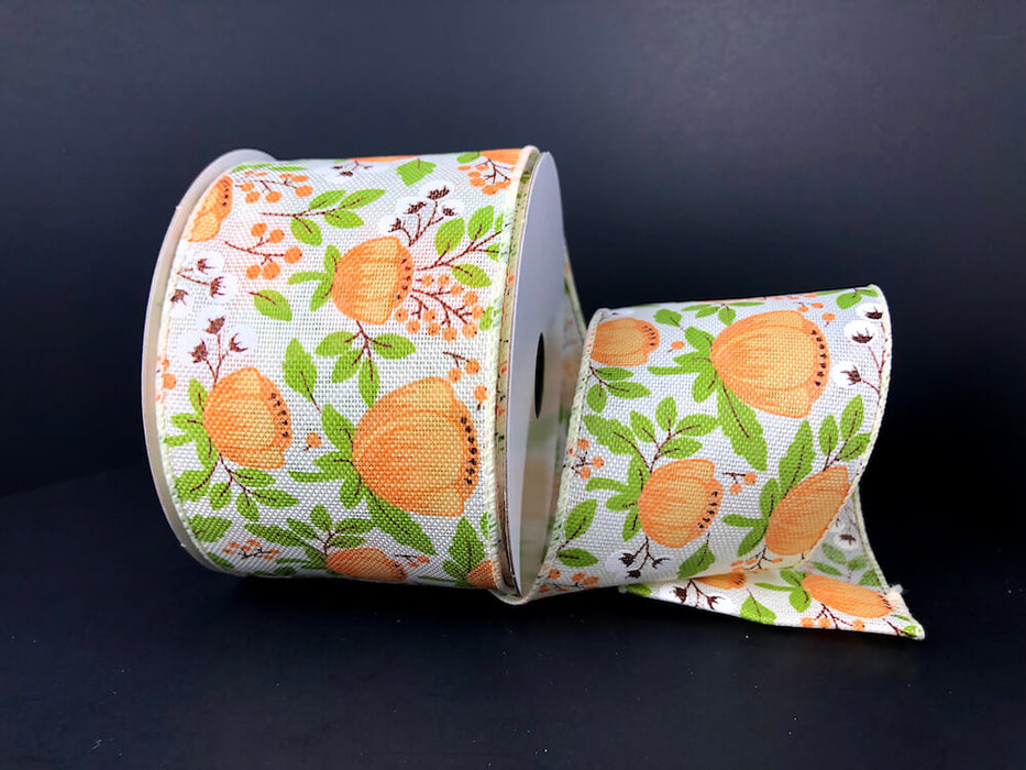 2.5"X10Y  Ivory Linen/Coral Peony-Cotton Ribbon 41256-40-46
