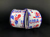 The USA Celebration Ribbon, product 41321-40-01, is 2.5 x 10Y of wired satin featuring USA, stars, stripes, balloons, and top hats in red, white, and blue on a dark background for structured decor.