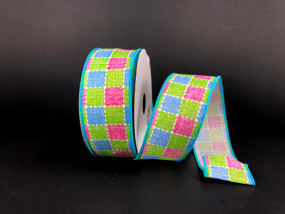 1.5"X10Y  Blue-Pink-Green Plaid Print Linen Ribbon 41327-09-45