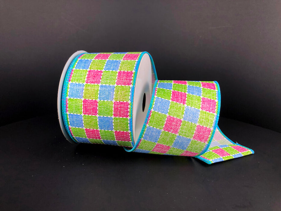 2.5"X10Y  Blue-Pink-Green Plaid Print Linen Ribbon 41327-40-45