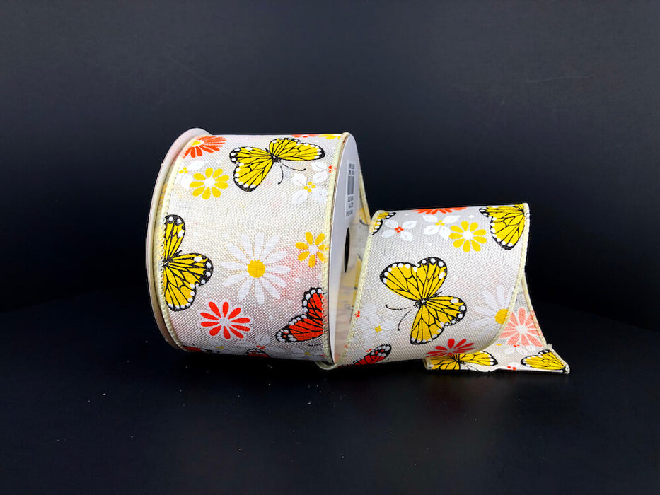 2.5"X10Y  White Linen/Butterfly-Flowers Ribbon 41332-40-18