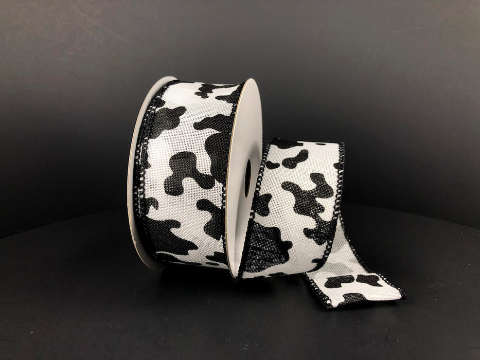 1.5"X10Y  White Linen/Black Cow Print Ribbon 41343-09-21
