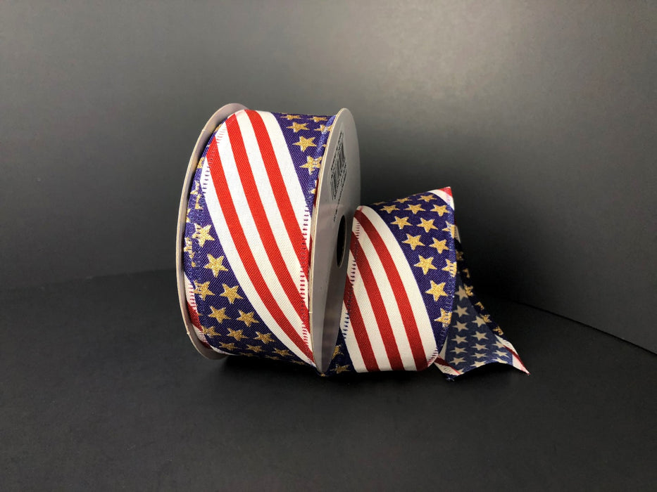 1.5"X10Y  Matte Satin Red-Navy-White-Gold Diagonal Flag Ribbon 45101-09-15
