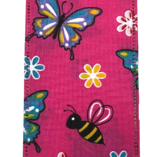 The 2.5 Fuchsia Butterfly Bee Ribbon (45104-40-28) offers a lively design with vibrant purple and yellow butterflies, bees with pink wings, and a tapestry of white, yellow, and blue flowers across its 10-yard length.