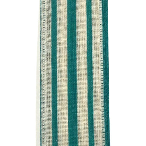 The 1.5 Ivory Teal Canvas Stripes (45109-09-33) features a vertical strip with alternating green and beige stripes, and the woven texture enhances the evenly spaced design.