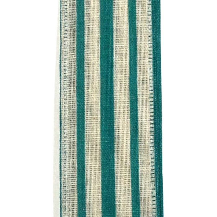 The 1.5 Ivory Teal Canvas Stripes (45109-09-33) features a vertical strip with alternating green and beige stripes, and the woven texture enhances the evenly spaced design.