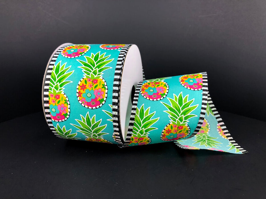 2.5"X10Y  Lt Blue Satin/Floral Pineapple With Black And White Edge Ribbon 45344-40-49