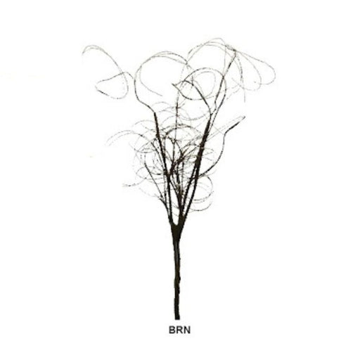 A sparse, dark brown twig-like structure with thin, curving branches extends in all directions against a plain white background. It features a thicker base tapering at the top and measures 28 long, with 53952-BRN centered below. Product: 28 Brown Twig 53952-BRN.