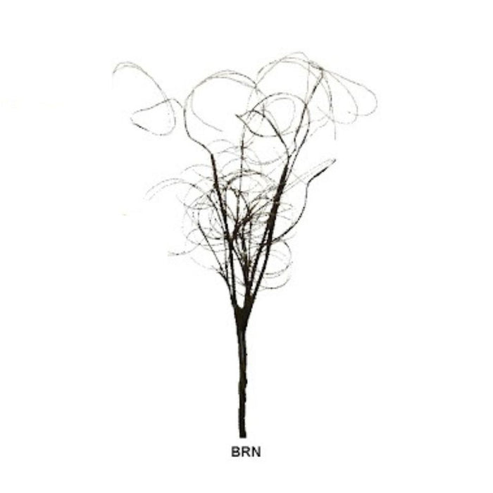 A sparse, dark brown twig-like structure with thin, curving branches extends in all directions against a plain white background. It features a thicker base tapering at the top and measures 28 long, with 53952-BRN centered below. Product: 28 Brown Twig 53952-BRN.
