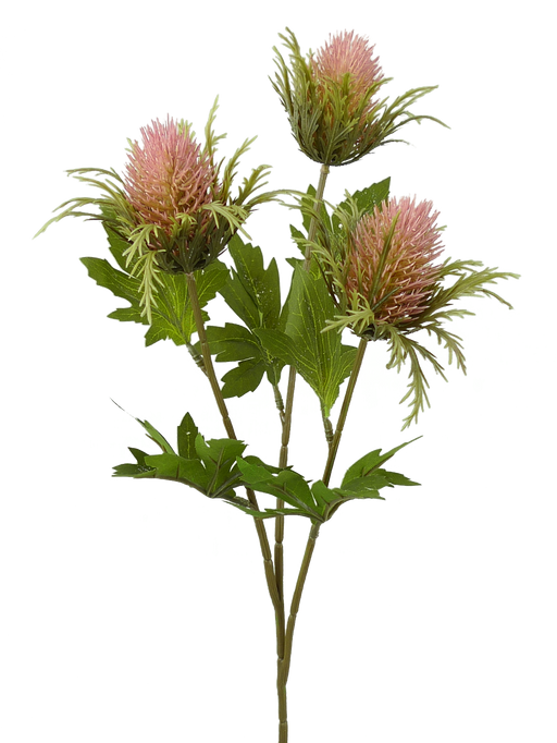 A delicate plastic teasel spray featuring three mauve, green spiky flowers with fringed leaves on slender 26 stems.