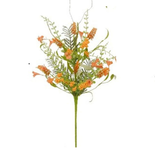 The 23 Lavender Berry Spray 60919-Orange features artificial orange flowers with green foliage and wispy stems. Its small clusters and feathery leaves give it a natural, elegant look, perfect against a plain white background.