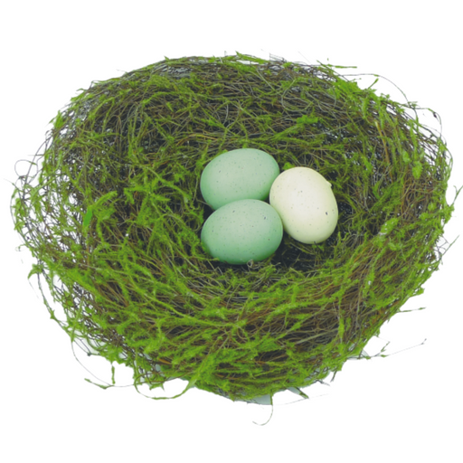 A Bird Nest with 3 Eggs (product code: 61866NAT), naturally crafted from twigs and green moss, cradles three pastel-colored eggs—two in light green and one in pale white—set against a white background.