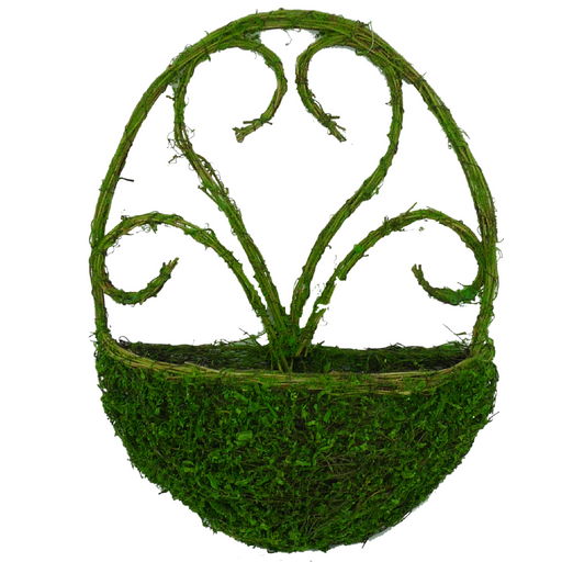 The 17 Inch Oval Green Moss Wall Basket 62061GN features woven twigs and green moss, an open top, and a decorative arching handle—ideal for unique floral arrangements or as eye-catching wall décor.