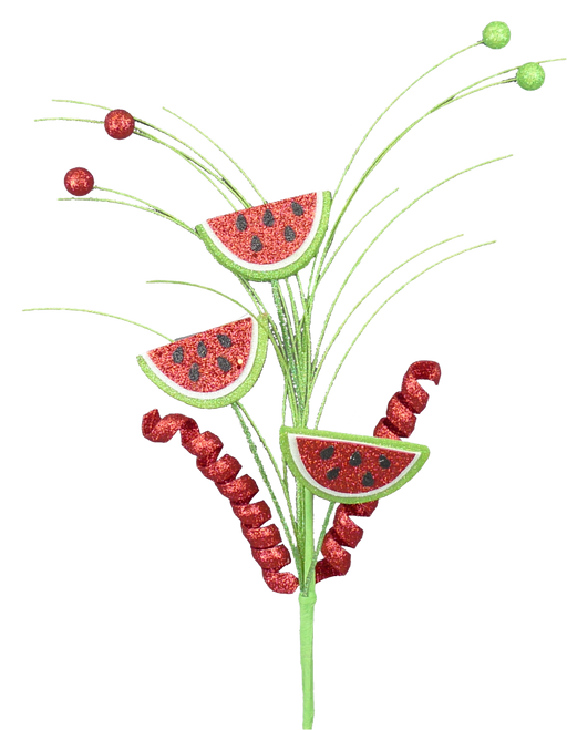 The 20 Inch Glittered Curly Watermelon Pick 62358RDGN showcases three sparkling watermelon slice ornaments, green spiral stems, and red glittery spirals—ideal for adding a vibrant touch to summer wreaths or décor.