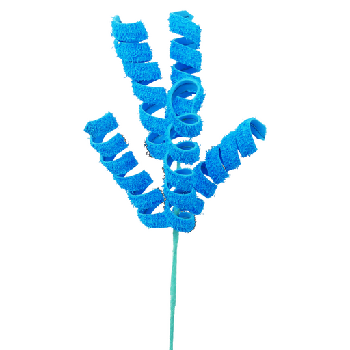 The 16 Blue Frizzy Curly Pick 62607BL features textured, curly blue branches and a thin green stem, creating a whimsical artificial aquarium plant look.