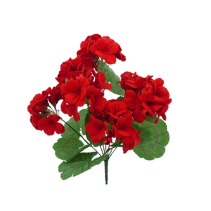 The 13 Inch Red Geranium Bush with 7 Stems (62691RD) features vibrant red flowers and green leaves, perfect for wreath making, displayed on a plain white background.