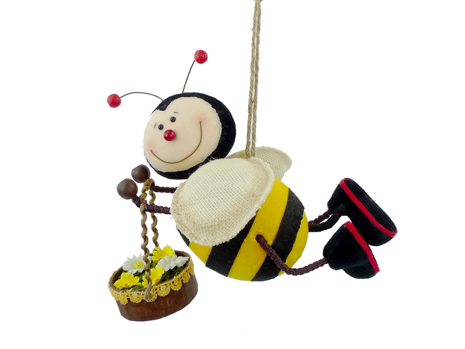 7" by 10" by 8" Yellow and Black Bee Ornament with Basket 62791Yw