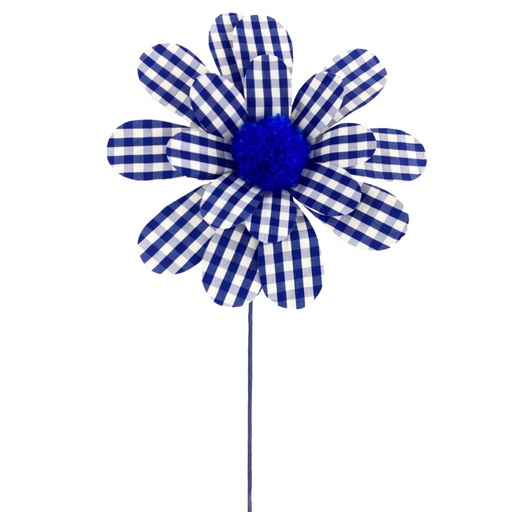 The 24 Blue Gingham Sunflower Spray 62815BL features gingham-style blue and white checkered petals, a blue yarn center, and a slim green stem.