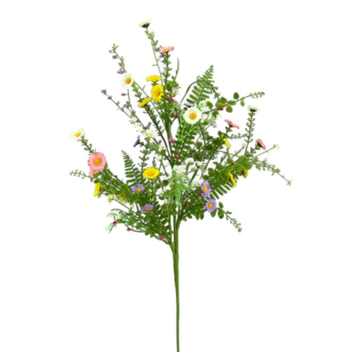 The 30 Inch Petite Daisy Filler Spray with Mixed Colors and Greenery 63087SP30 features petite daisies in pink, yellow, white, and purple on a single green stem—perfect as a wreath filler or for an artificial floral arrangement.