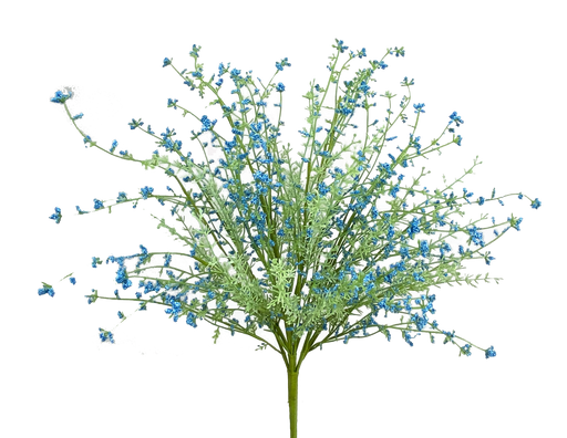 The 22 Inch Blue Filler Bush with 9 Stems and Green Foliage (63097BL) features delicate green stems and small clusters of artificial blue flowers, perfect as a wreath filler and shown fanned out against a plain white background.