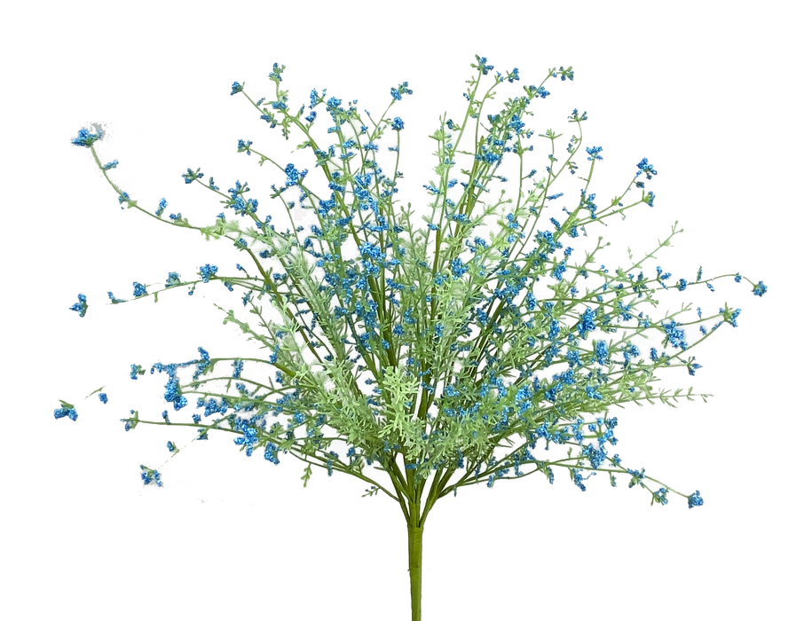 The 22 Inch Blue Filler Bush with 9 Stems and Green Foliage (63097BL) features delicate green stems and small clusters of artificial blue flowers, perfect as a wreath filler and shown fanned out against a plain white background.