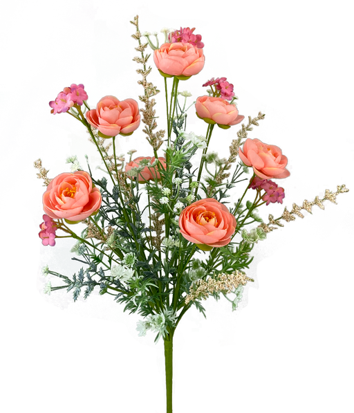 The 21 Inch Ranunculus Filler Bush in Pink, Orange, and Peach with Greenery (63101PH) features vibrant ranunculus and accent florals in peach, pink, and orange tones, complemented by lush green foliage against a white background.