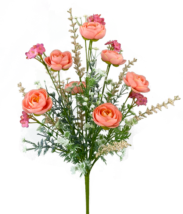 The 21 Inch Ranunculus Filler Bush in Pink, Orange, and Peach with Greenery (63101PH) features vibrant ranunculus and accent florals in peach, pink, and orange tones, complemented by lush green foliage against a white background.